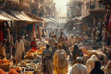 A close-up of a traditional market, with people selling and buying goods