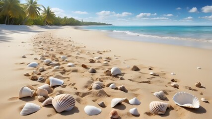 Fototapeta na wymiar deserted shoreline, smooth sand, and a few scattered seashells. Convey a feeling of serenity.