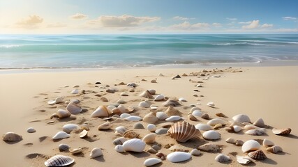  deserted shoreline, smooth sand, and a few scattered seashells. Convey a feeling of serenity.