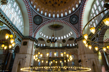 Istanbul, Turkey - March 23 2014: Interior of Suleymaniye Mosque and its gigantic dome