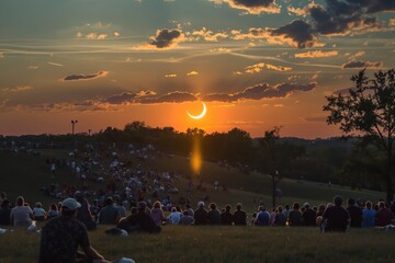 a group of people are sitting in a field watching the eclipse. Generative AI