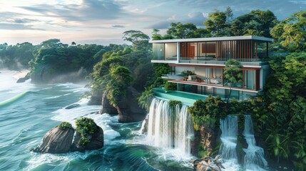 Modern treehouse at the top of waterfall island far above a tropical beach. architectural digest. Generative AI.