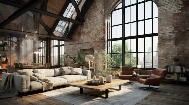 A photo of a contemporary loft with large windows.