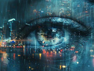 Conceptual eye with urban reflections montage - A human eye reflecting a sprawling urban landscape, evoking concepts of vision, perception, and the complexity of city life