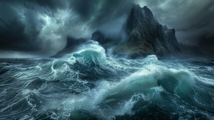 Stormy ocean waves with dramatic cliffs - A hyper-realistic rendering of towering waves crashing against steep cliffs against a backdrop of stormy skies