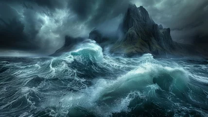 Fotobehang Stormy ocean waves with dramatic cliffs - A hyper-realistic rendering of towering waves crashing against steep cliffs against a backdrop of stormy skies © Mickey