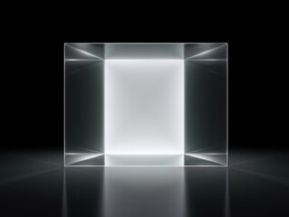 White glass cube abstract 3d render, on black background with copy space minimalism design for text or photo backdrop 