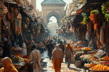A close-up of a traditional market, with people selling and buying goods - obrazy, fototapety, plakaty