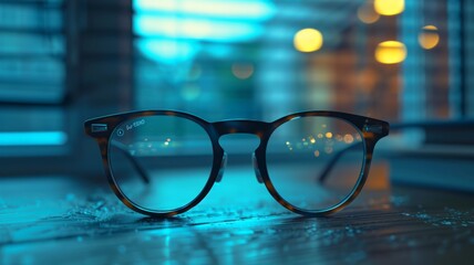 Stylish eyeglasses on a wet surface - A pair of trendy eyeglasses with a blue tint lies on a reflective wet surface with soft bokeh lights - obrazy, fototapety, plakaty
