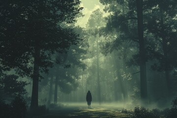Silhouette standing in a misty forest - A person stands in a foggy, serene forest, with sun rays piercing through the dense trees - obrazy, fototapety, plakaty
