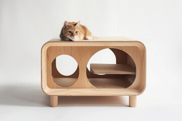 Multipurpose wooden cat house with a simple modern design
