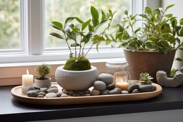 Fototapeta na wymiar Bring the outdoors in with nature-inspired elements. Explore the use of natural materials, indoor plants, and soothing earthy tones to create a connection with nature within your Zen retreat.