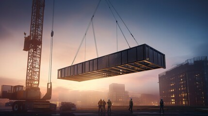 A photo of a crane lifting a pre-fabricated structure - obrazy, fototapety, plakaty