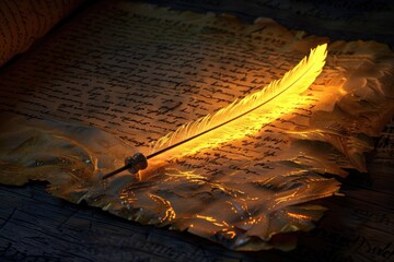 A feather quill writing a magical incantation, glowing softly on parchment, rendered in an illuminated manuscript style, 3D illustration
