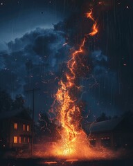 A lightning strike igniting a transformer, creating a fireball that lights up the surrounding suburb on a stormy night, 3D illustration - obrazy, fototapety, plakaty