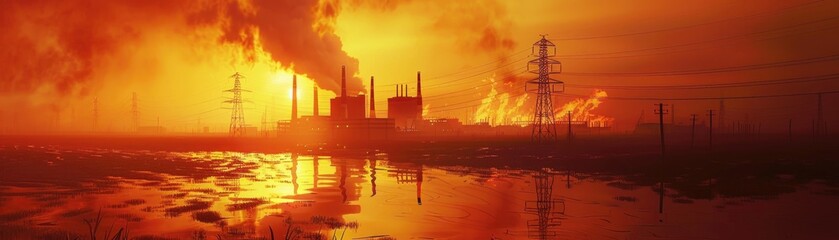 A lone power station silhouetted against a raging wildfire, flames reflecting off the metallic surfaces under a twilight sky, 3D illustration