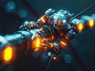 A lone repair robot clamps onto a damaged section of submarine fiberoptic cable, its lights casting an otherworldly glow in hyperrealistic detail, 3D illustration