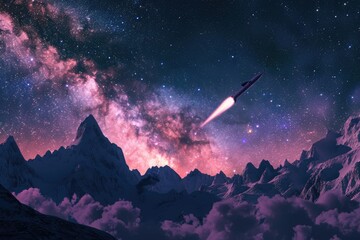 A missile darting across a star-filled sky above a mountain range, with the Milky Way casting a soft light on snowy peaks, 3D illustration - obrazy, fototapety, plakaty