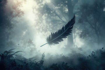 Fototapeta premium A raven's feather falling through a misty forest, barely touched by the light, illustrated in a Gothic style with deep, dark tones, 3D illustration