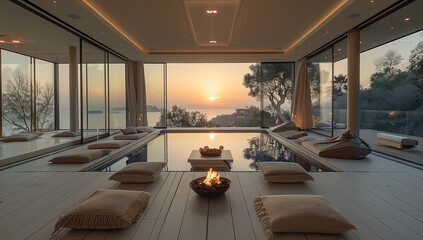 Small, home, luxury, meditation room, floor to ceiling windows. Generative AI.