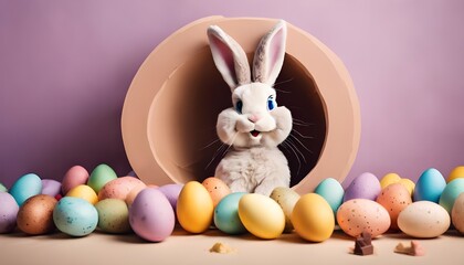 Fototapeta premium Springtime Surprise: Adorable Bunny Peeking Out with Easter Treats