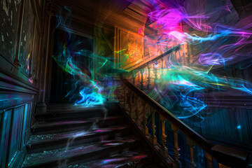 A staircase with colorful smoke and a door in the background