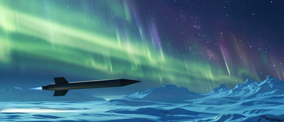 An ominous missile silhouette against the Northern Lights, soaring above a snowy Arctic landscape, 3D illustration