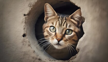 uriosity Captured: Adorable Cat Peeking Out from a Hole