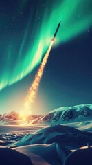 The rapid ascent of a missile from a secret base hidden in the snowy Siberian tundra, under the aurora borealis, 3D illustration