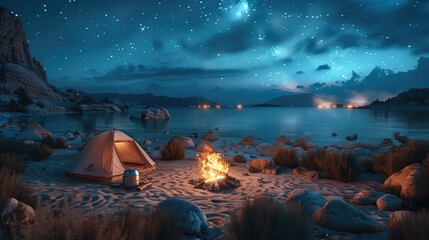 Camping, camp fire, under night sky. Generative AI.