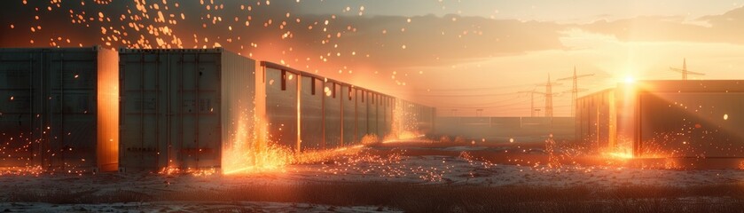 A battery storage facility with an electrical fire breaking out, illuminating the surrounding area with intense light flashes, 3D illustration