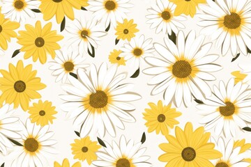 Yellow and white daisy pattern, hand draw, simple line, flower floral spring summer background design with copy space for text or photo backdrop 