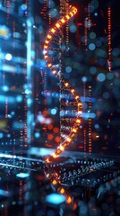 A conceptual representation of a DNA strand intertwined with binary code, displayed on a computer in a shadow-filled tech lab, 3D illustration