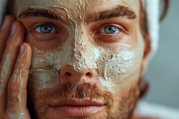 Man applies a clay mask to the skin of his face on gray background. Man skin care concept, minimalistic studio photo.