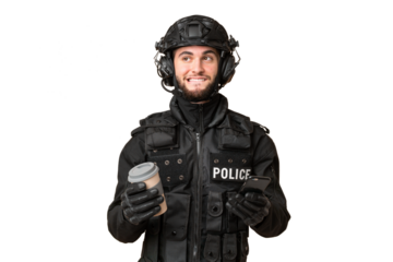 SWAT over isolated chroma key background holding coffee to take away and a mobile while thinking something