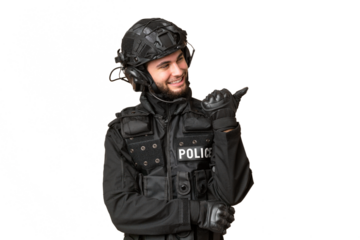 SWAT over isolated chroma key background pointing to the side to present a product