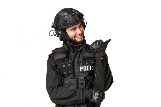 SWAT over isolated chroma key background pointing to the side to present a product