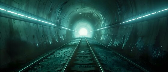 Mysterious Journey: Illuminated Rails Leading to the Unknown. Concept Adventure, Mystery, Illumination, Exploration, Unknown