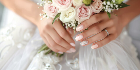 Obraz na płótnie Canvas The bride's hands squeeze a delicate bouquet