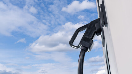 Electric vehicles charging station that takes energy from solar panels. Close up..