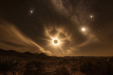Partial solar eclipse in the night sky over a desert landscape. Generative AI