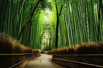 An enchanting bamboo forest path, A warriors path through a sacred bamboo forest, AI-generated