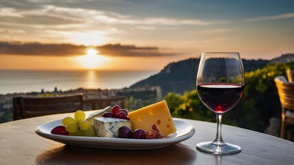 Delicious cheese plate and a glass of red wine while dining in a restaurant with a view of the stunning Mediterranean scenery.