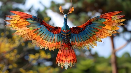 A majestic peacock kite spreading its vibrant plumage, each feather intricately detailed and breathtakingly beautiful