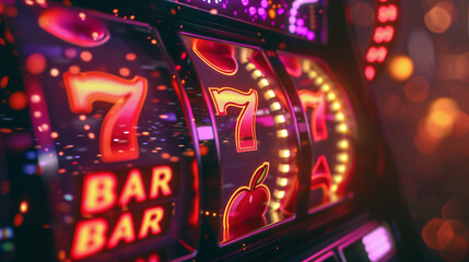 A slot machine with a bar sign and three reels with the number seven on them - obrazy, fototapety, plakaty