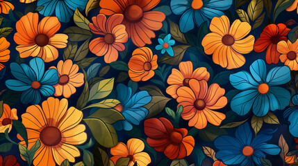 Vibrant Floral Background Illustration: Orange, Yellow, and Blue Flowers on Dark Blue Backdrop