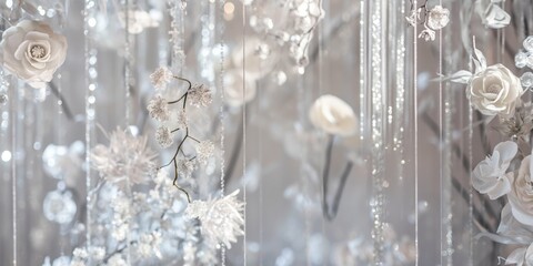 White flowers dangle from the ceiling, adding a touch of elegance to the room. Generative AI