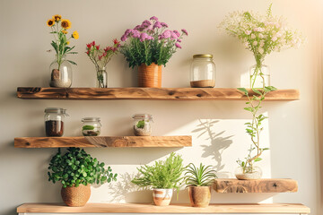 Fototapeta na wymiar Minimalistic DIY Home Decor Idea with Rustic Elements, Indoor Greenery and Handcrafted Accessories