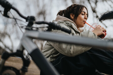 Casual, everyday scene of a young lady with her bicycle, taking a break in a peaceful park.