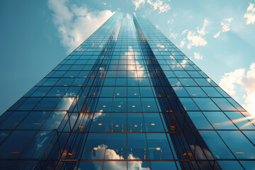A modern skyscraper, shot from a low angle to emphasize its height and grandeur